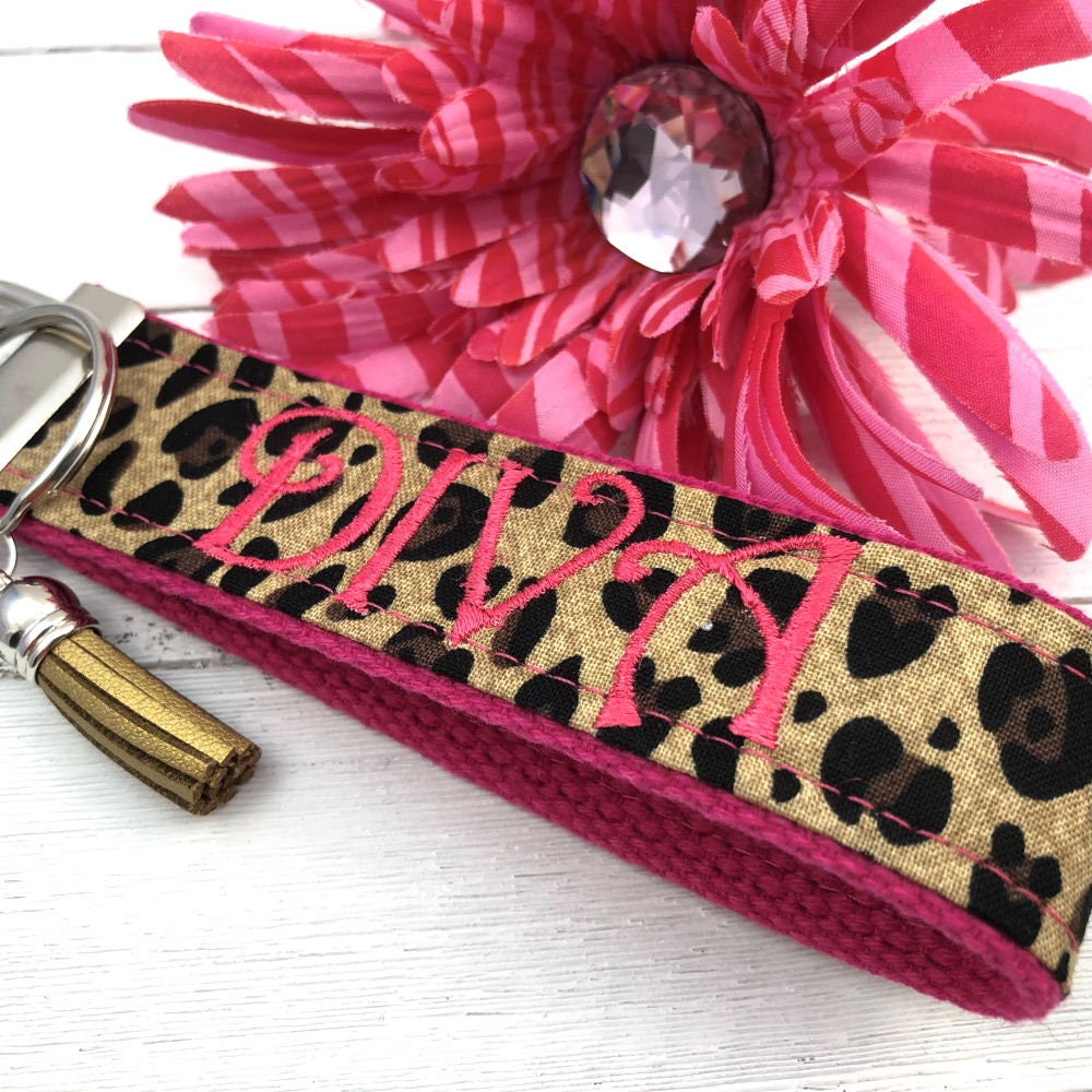 DIVA Embroidered Keychain Key Fob Tassel Charm Hot Pink Leopard