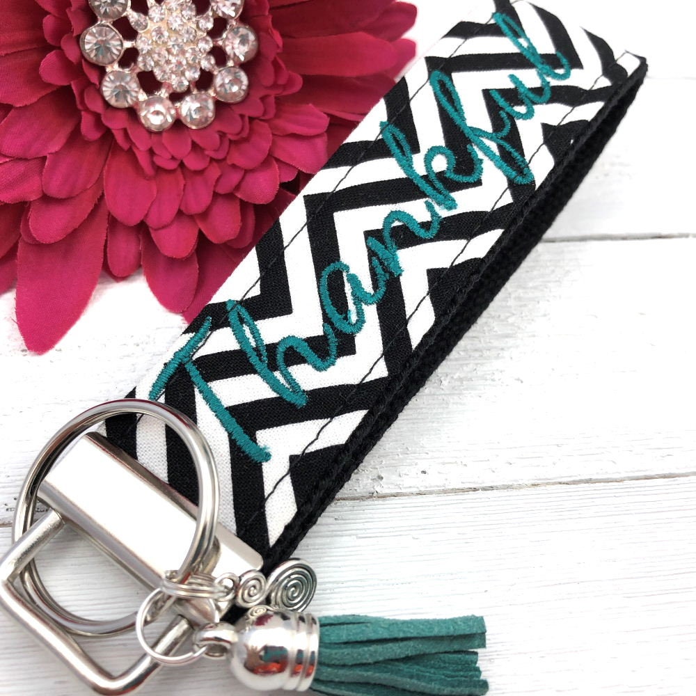 Thankful Embroidered Keychain Key Fob Tassel Charm
