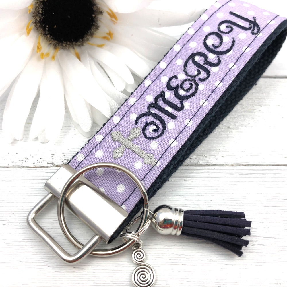MERCY Embroidered Keychain Key Fob Tassel Charm Cross