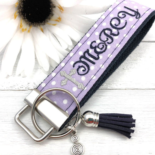 MERCY Embroidered Keychain Key Fob Tassel Charm Cross