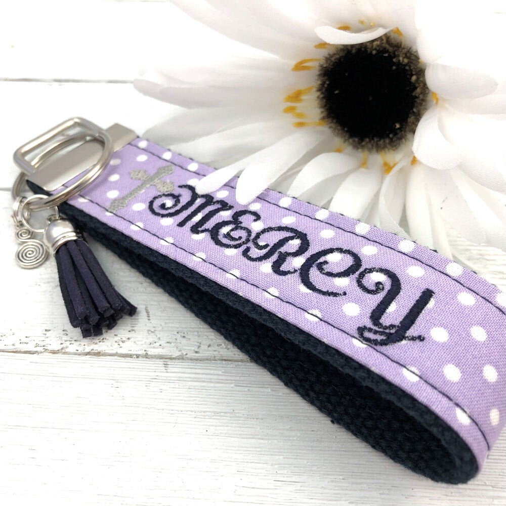 MERCY Embroidered Keychain Key Fob Tassel Charm Cross