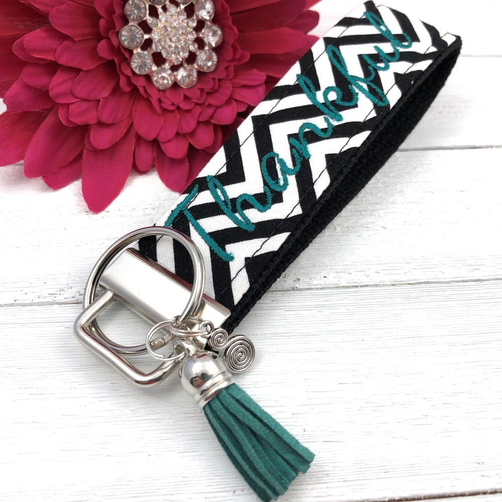Thankful Embroidered Keychain Key Fob Tassel Charm