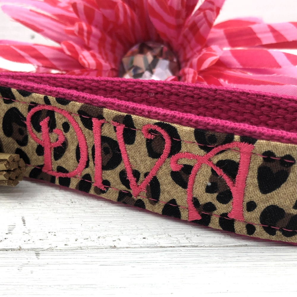 DIVA Embroidered Keychain Key Fob Tassel Charm Hot Pink Leopard