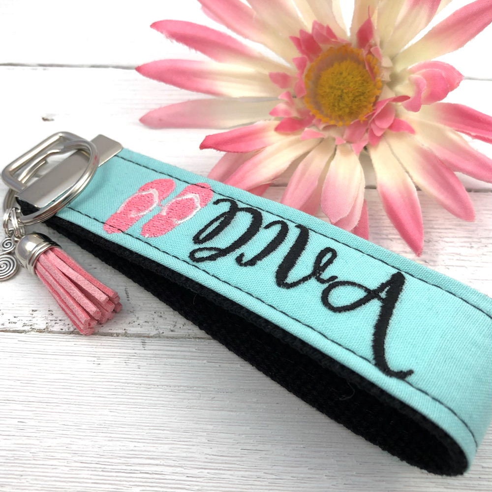 Flip Flop DIVA Embroidered Keychain Key Fob Tassel Charm