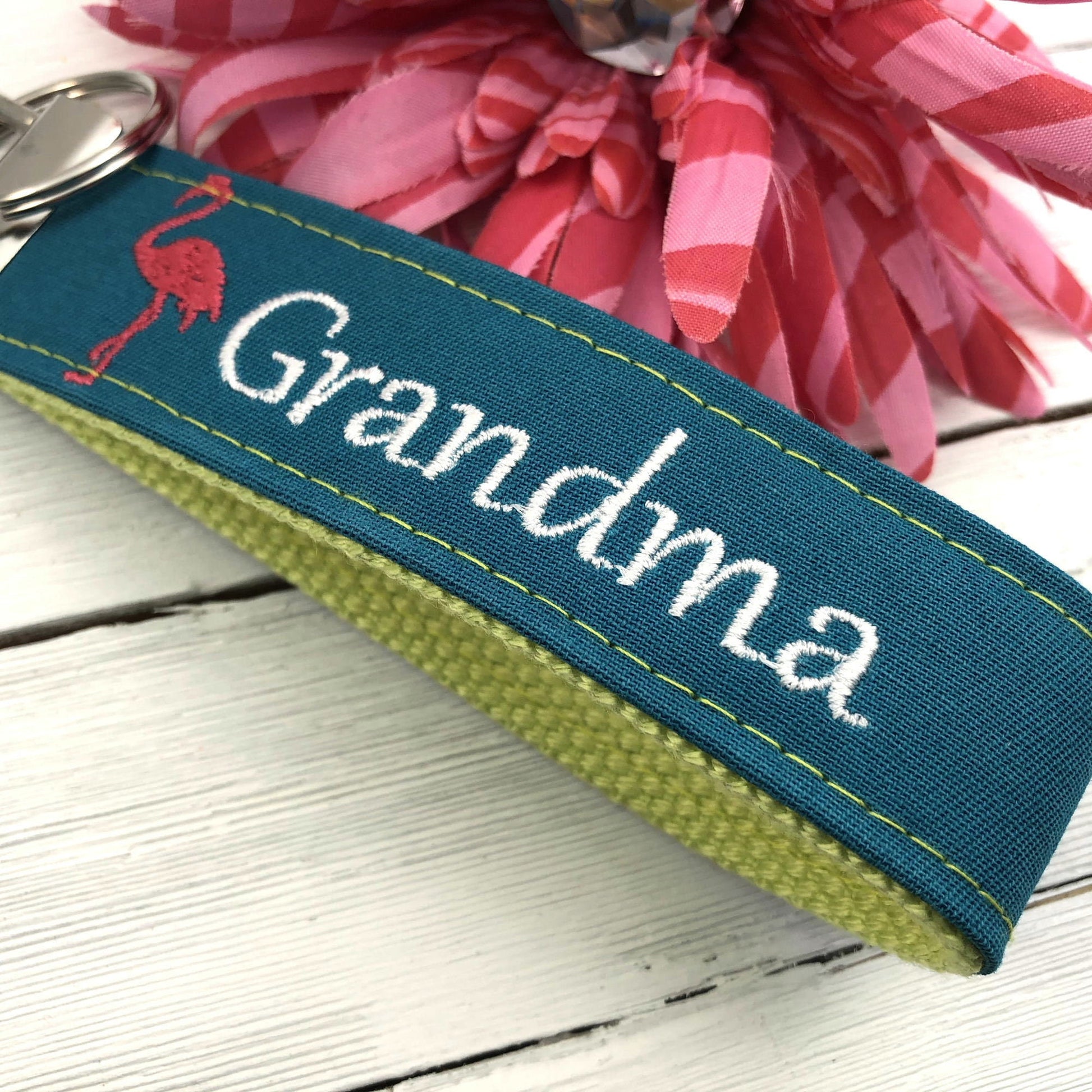 Grandma Keychain, Grandma Gift, Grandma Birthday Gift, Embroidered Keychain, Grandma Key chain, Embroidered key fob, flamingo key chain