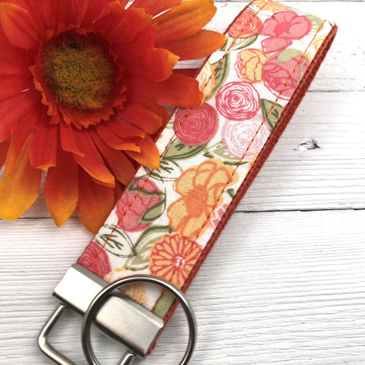 Floral Wristlet Keychain, Wrist Keychain for Her, Key fob Wristlet in Coral and Pink, Keychain Wristlet, Bracelet Keychain