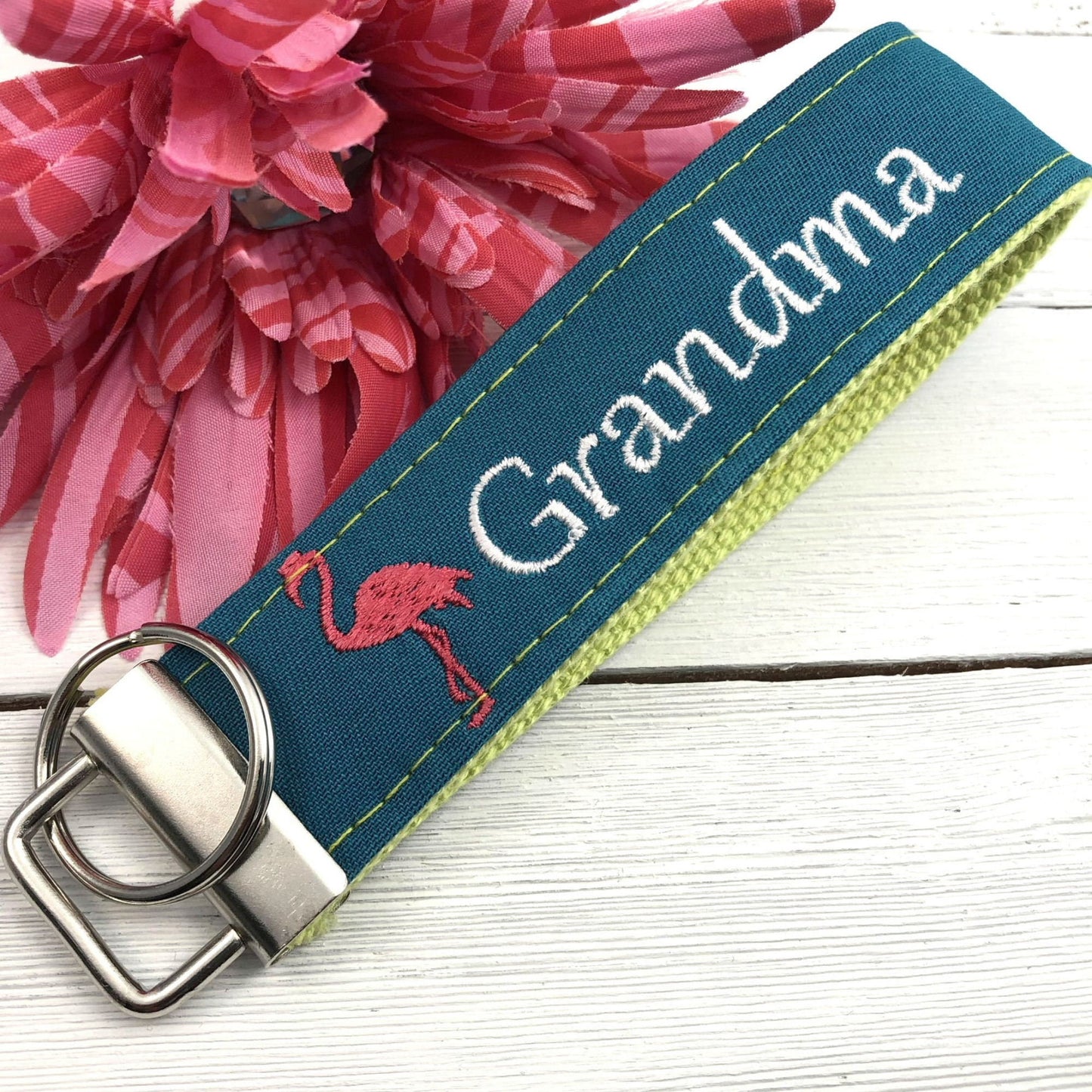 Grandma Keychain, Grandma Gift, Grandma Birthday Gift, Embroidered Keychain, Grandma Key chain, Embroidered key fob, flamingo key chain