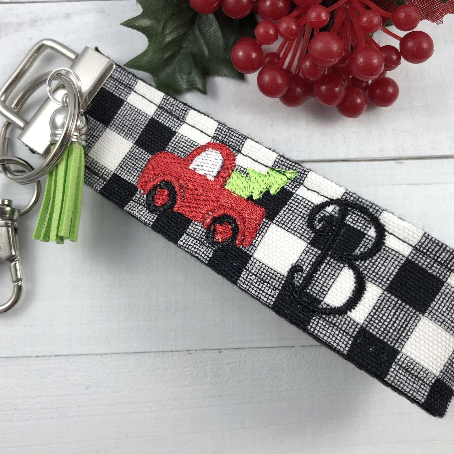 Monogrammed Keychain with Tree in Vintage Pickup Truck, Initial Keychain Teacher Gift Ideas, Good luck Gifts