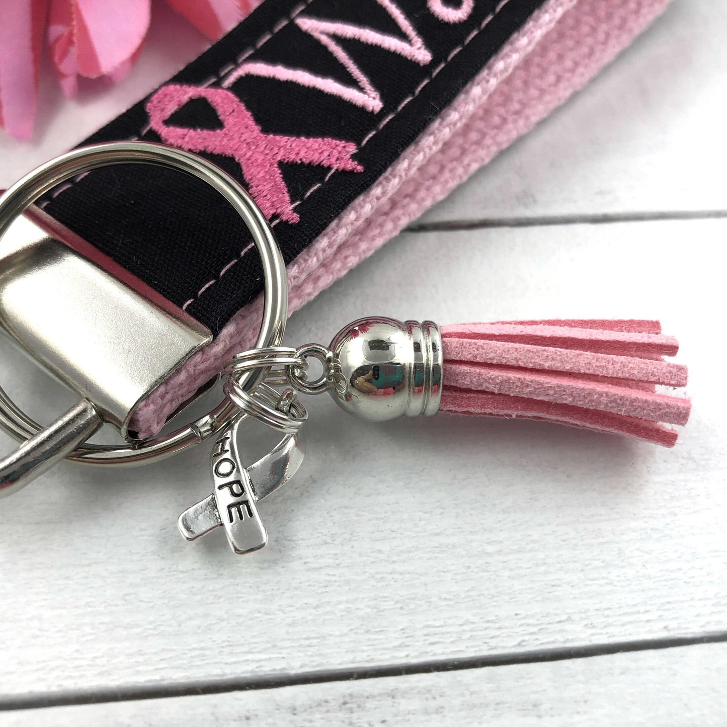 Cancer Warrior Embroidered Keychain Key Fob Tassel Charm