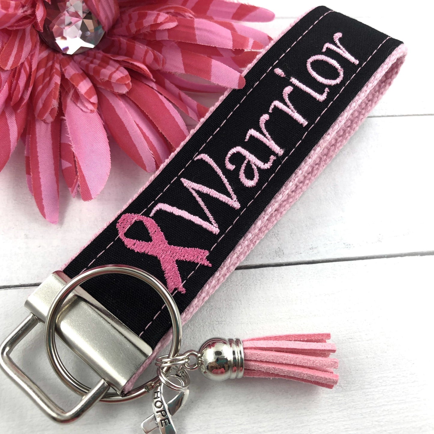 Cancer Warrior Embroidered Keychain Key Fob Tassel Charm