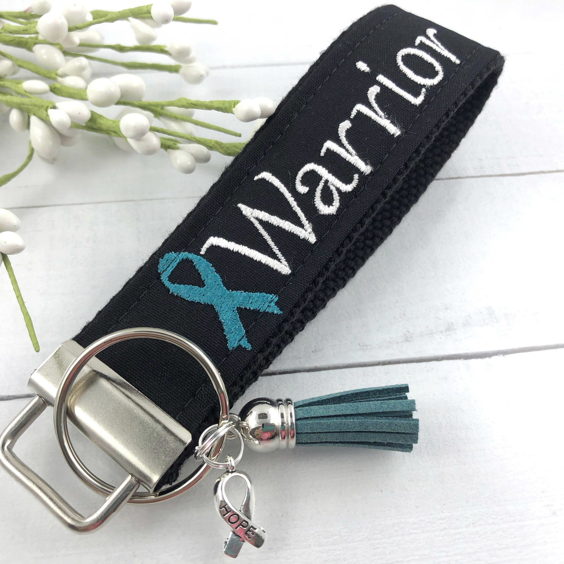 Cancer Warrior Embroidered Keychain Key Fob Tassel Charm