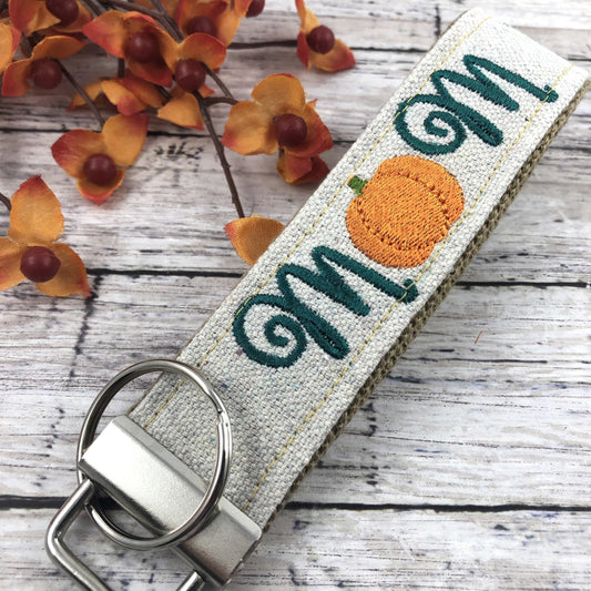 Handmade Autumn Keychain Wristlet, Pumpkin, Embroidered, Mom Birthday Gift, Fall, Expecting Mom Gift, Popular Right Now