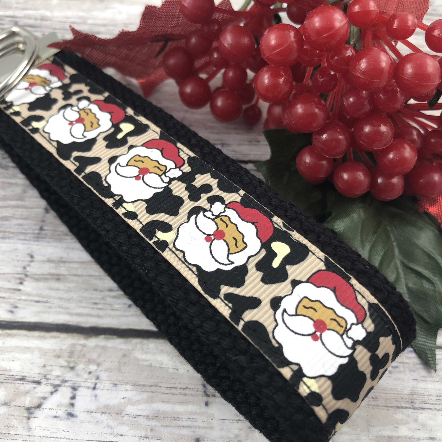 Handmade Christmas Keychain Wristlet, Santa, Leopard, Popular Right Now, Ribbon Keychain, Teacher Gifts