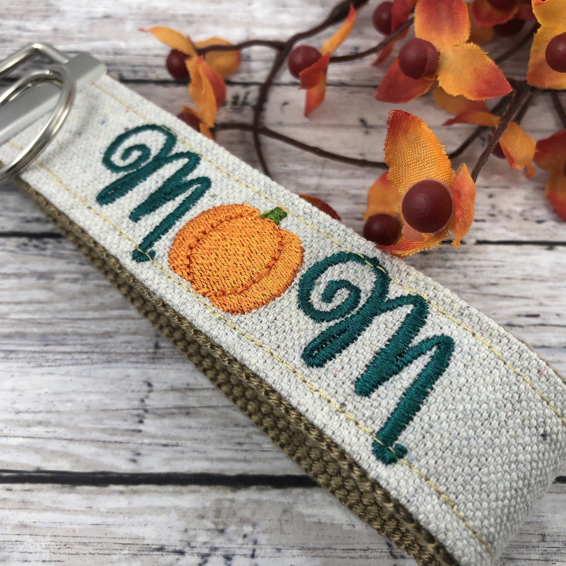 Handmade Autumn Keychain Wristlet, Pumpkin, Embroidered, Mom Birthday Gift, Fall, Expecting Mom Gift, Popular Right Now
