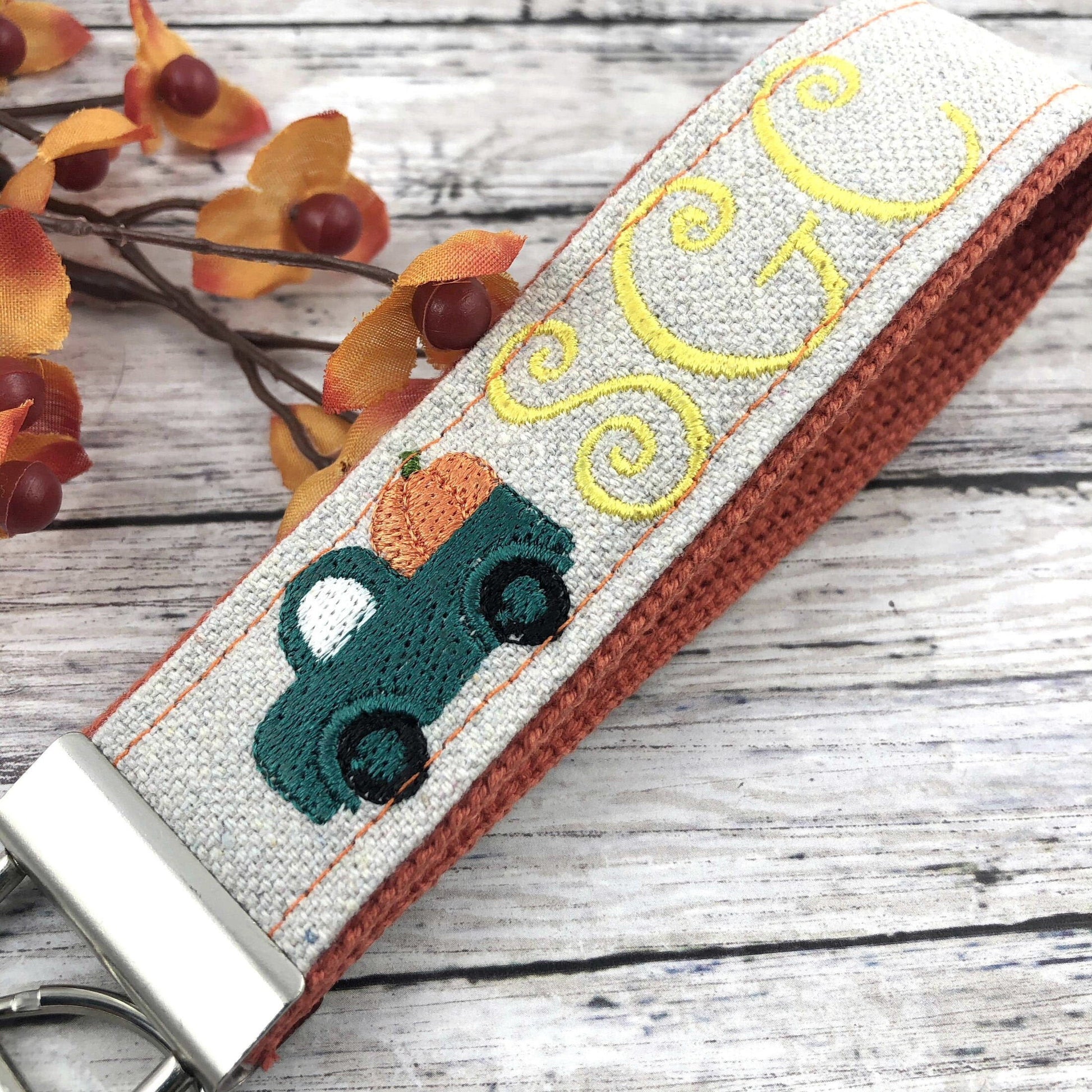 Handmade Autumn Personalized Keychain, Pumpkin, Fall, Personalized Gift, Monogram, Popular Right Now, Canvas