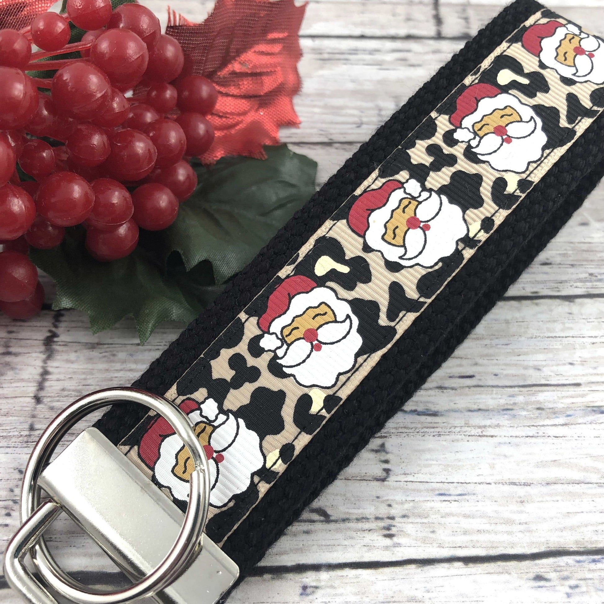 Handmade Christmas Keychain Wristlet, Santa, Leopard, Popular Right Now, Ribbon Keychain, Teacher Gifts