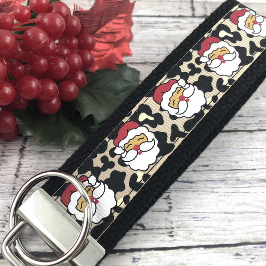 Handmade Christmas Keychain Wristlet, Santa, Leopard, Popular Right Now, Ribbon Keychain, Teacher Gifts