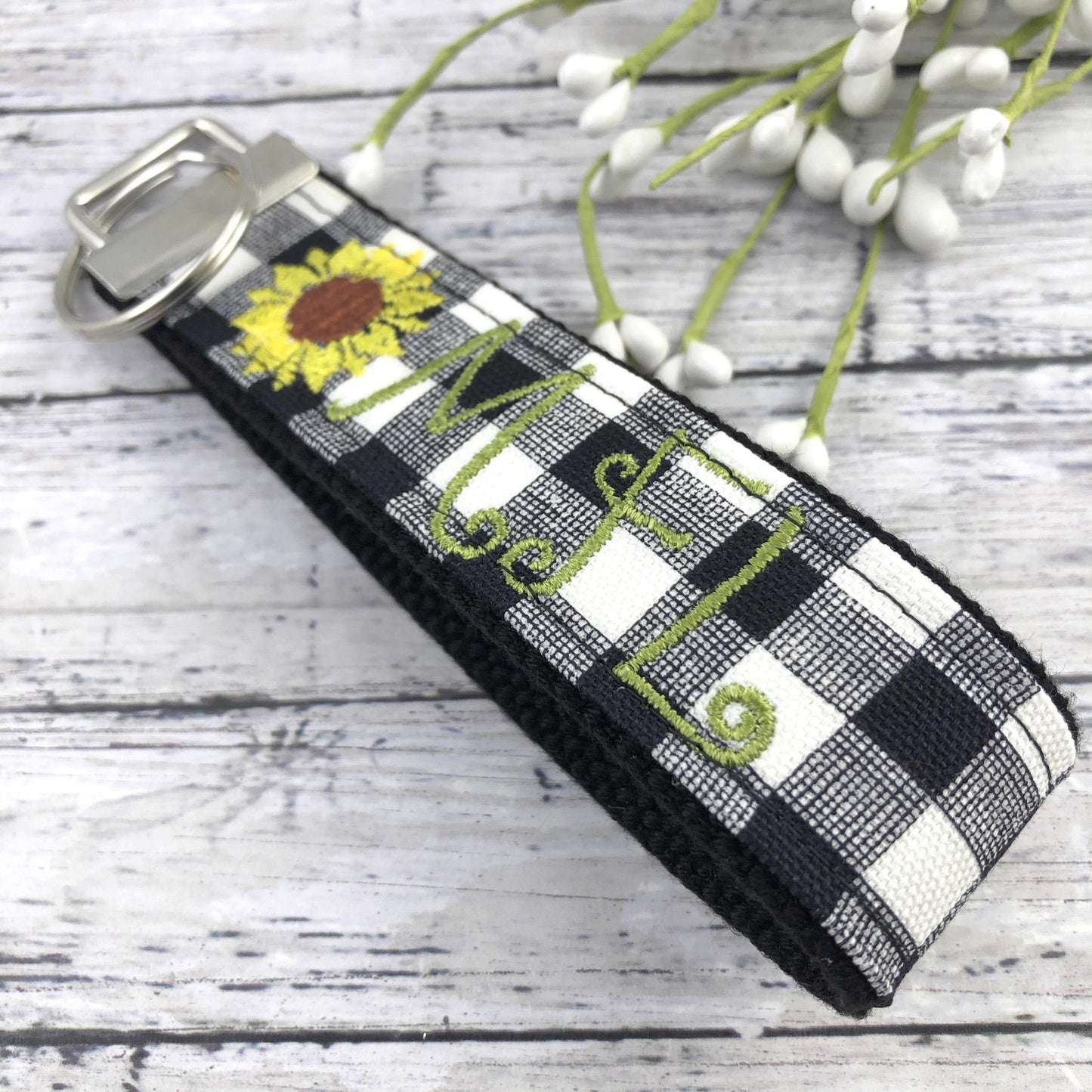 Sunflower Keychain | Monogrammed Keychain | Initials Keychain | Initial Keychain | Embroidered Keychain | Buffalo Plaid