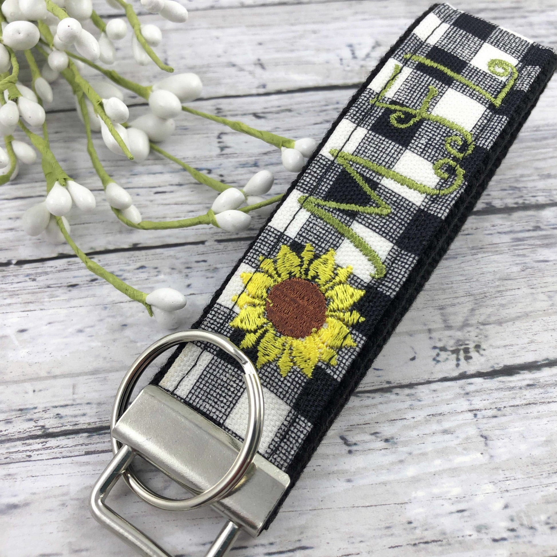 Sunflower Keychain | Monogrammed Keychain | Initials Keychain | Initial Keychain | Embroidered Keychain | Buffalo Plaid