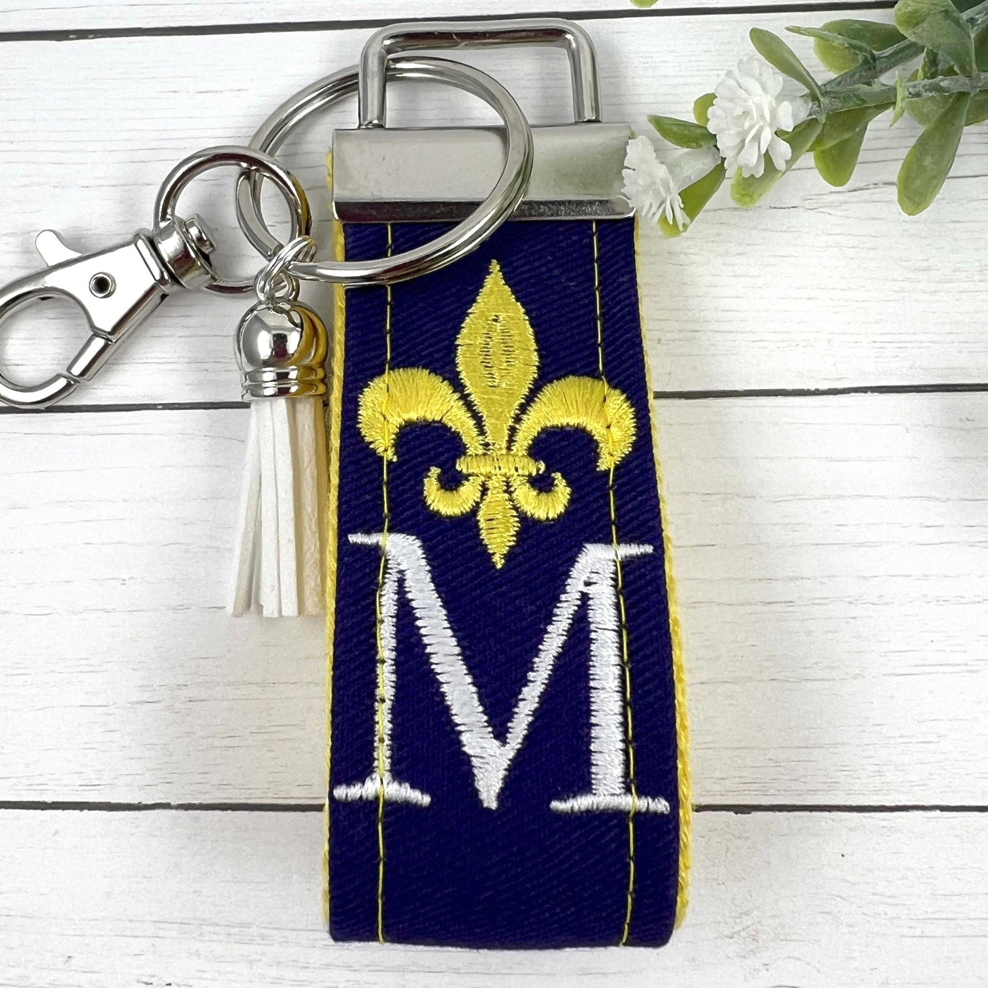 Fleur De Lis Keychain, Fleur De Lis Gifts, Initial Keychain, Purple Keychain, Personalized Keychain, Luggage Tag, Embroidered Keychain