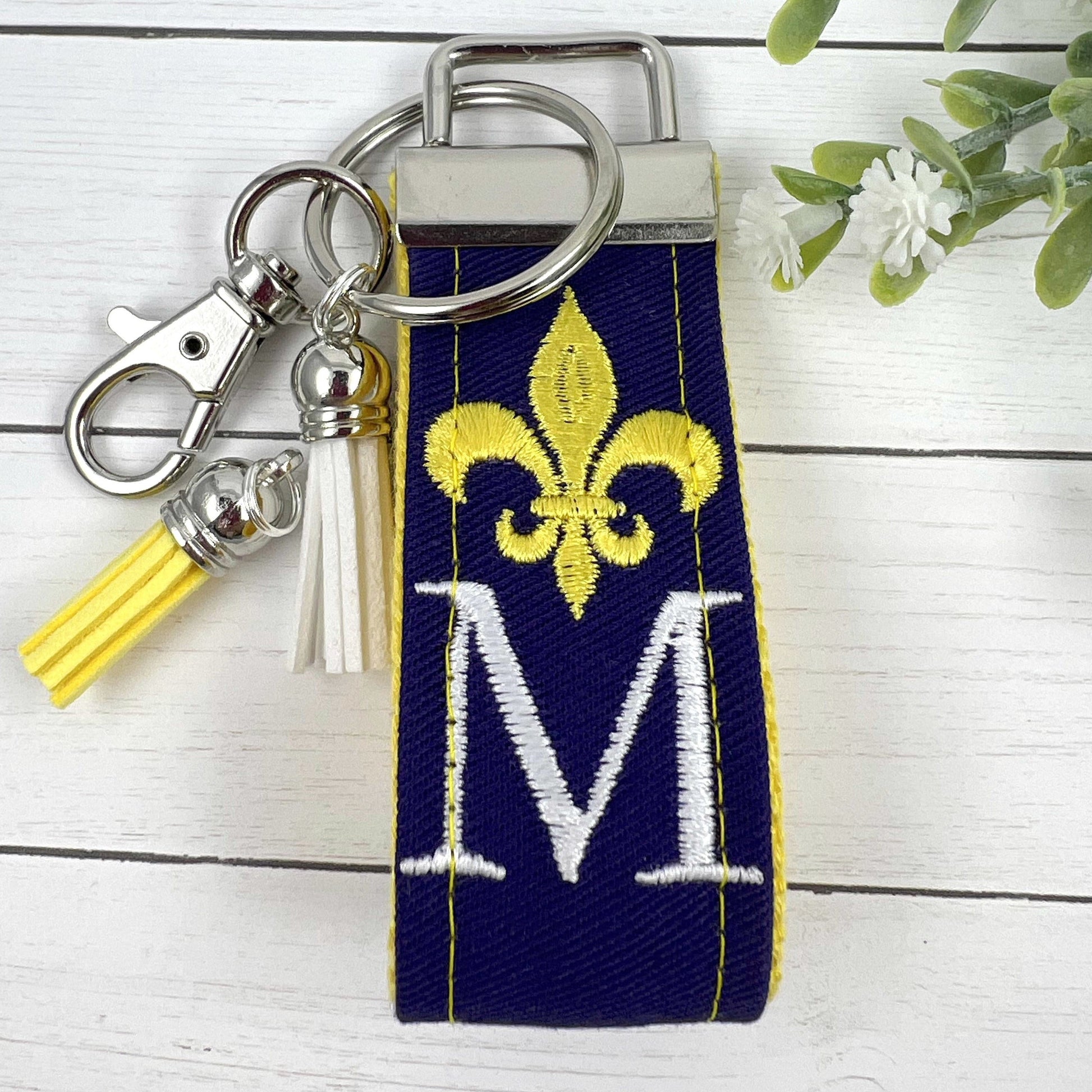 Fleur De Lis Keychain, Fleur De Lis Gifts, Initial Keychain, Purple Keychain, Personalized Keychain, Luggage Tag, Embroidered Keychain