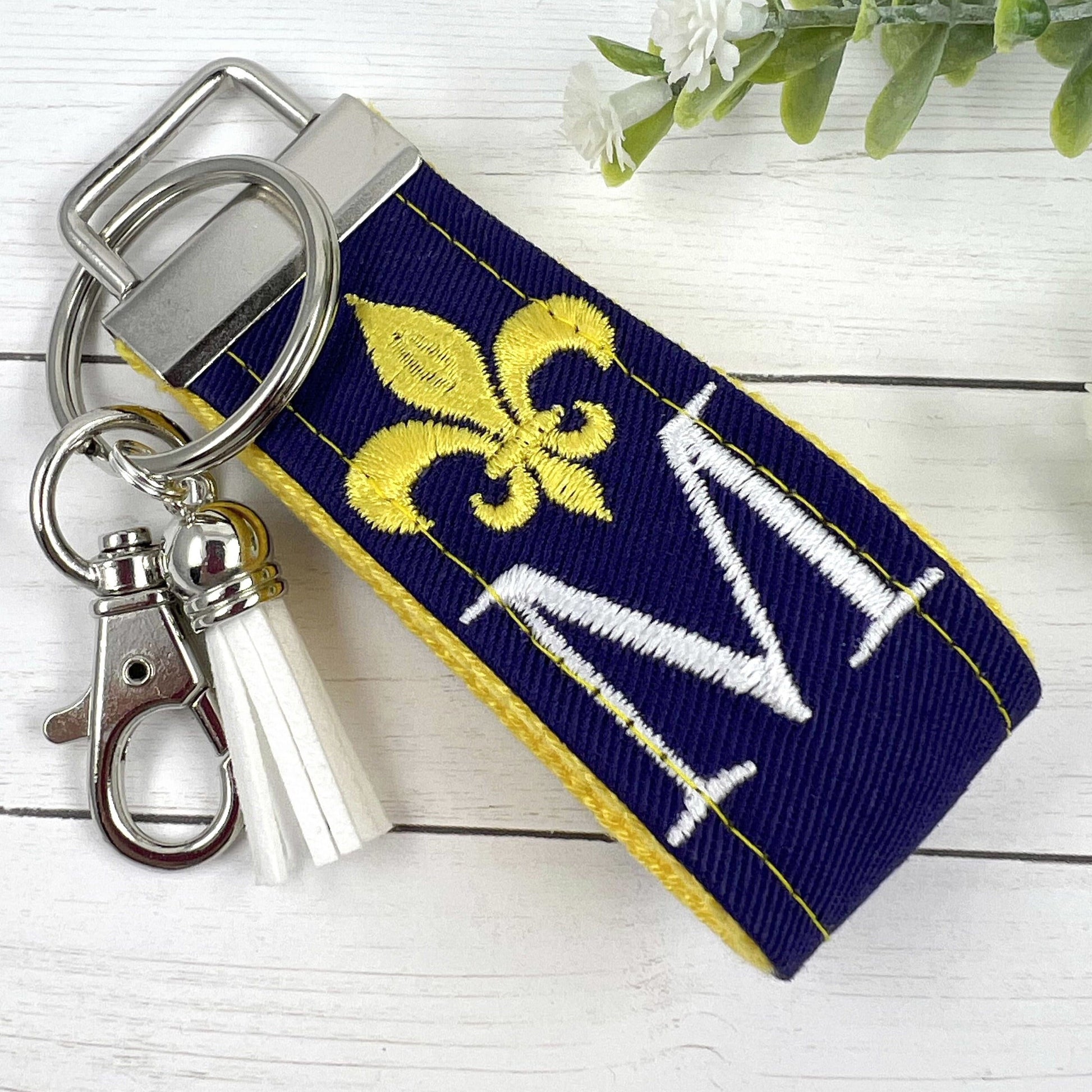Fleur De Lis Keychain, Fleur De Lis Gifts, Initial Keychain, Purple Keychain, Personalized Keychain, Luggage Tag, Embroidered Keychain
