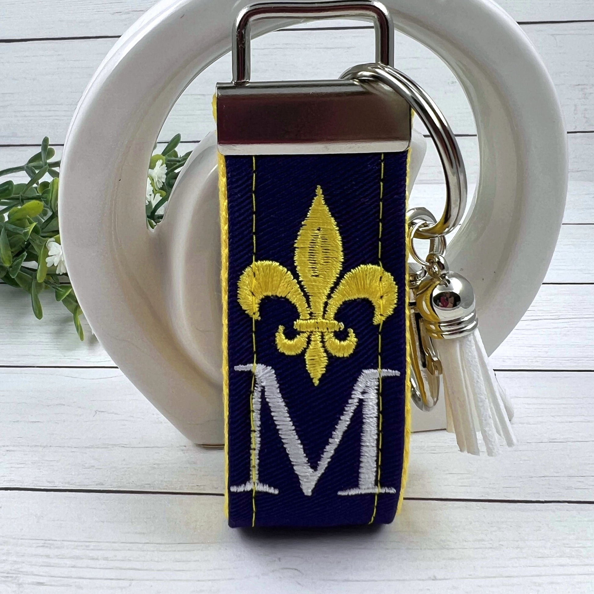 Fleur De Lis Keychain, Fleur De Lis Gifts, Initial Keychain, Purple Keychain, Personalized Keychain, Luggage Tag, Embroidered Keychain