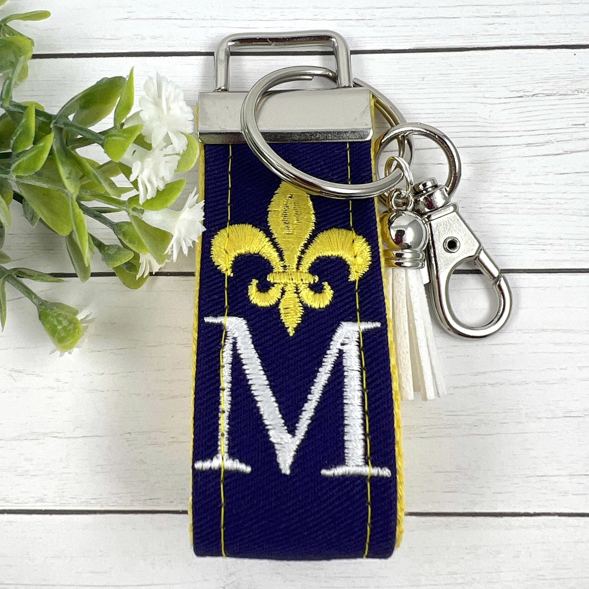 Fleur De Lis Keychain, Fleur De Lis Gifts, Initial Keychain, Purple Keychain, Personalized Keychain, Luggage Tag, Embroidered Keychain
