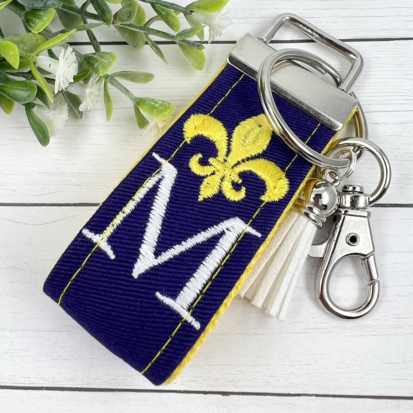 Fleur De Lis Keychain, Fleur De Lis Gifts, Initial Keychain, Purple Keychain, Personalized Keychain, Luggage Tag, Embroidered Keychain