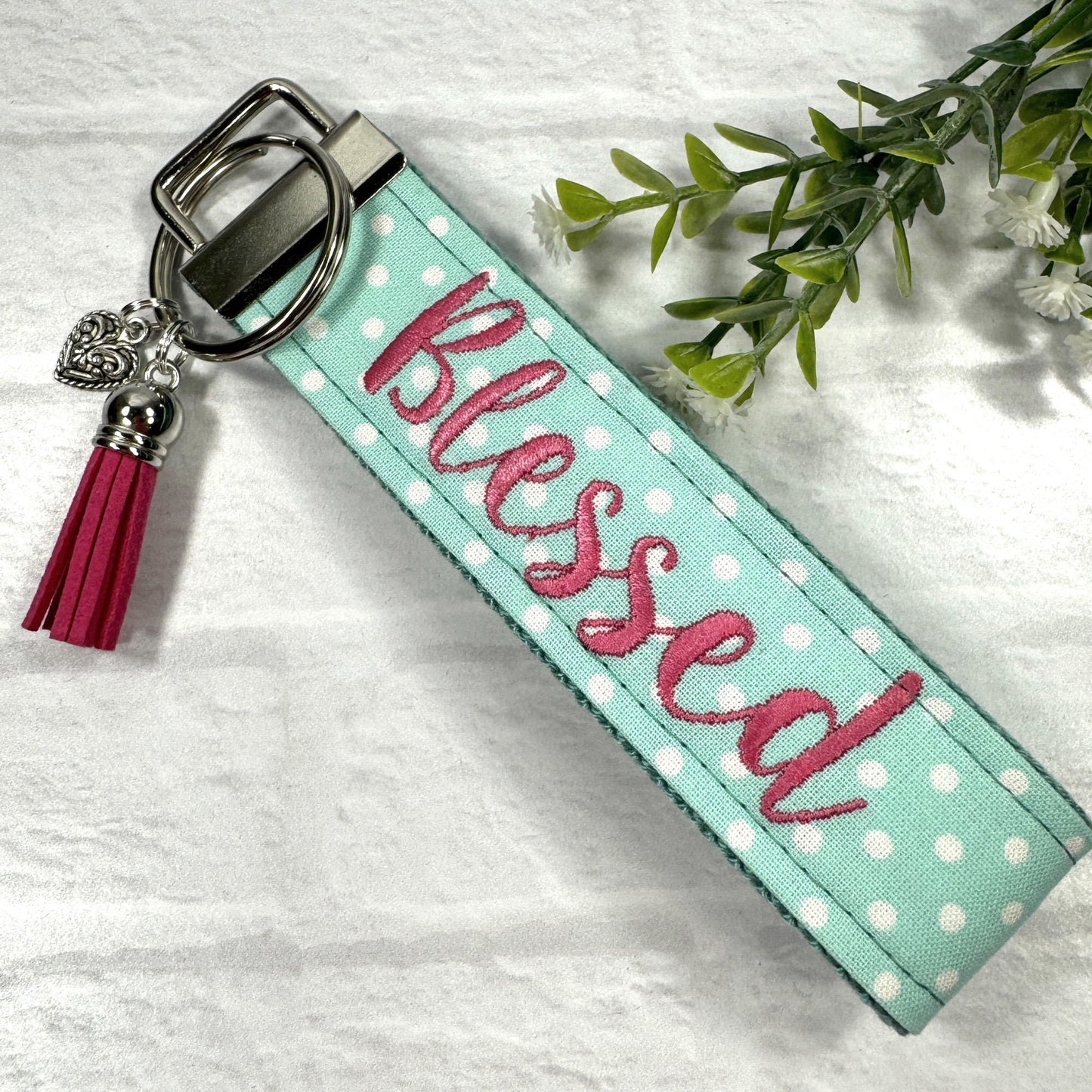 Blessed Embroidered Keychain Key Fob Tassel Charm