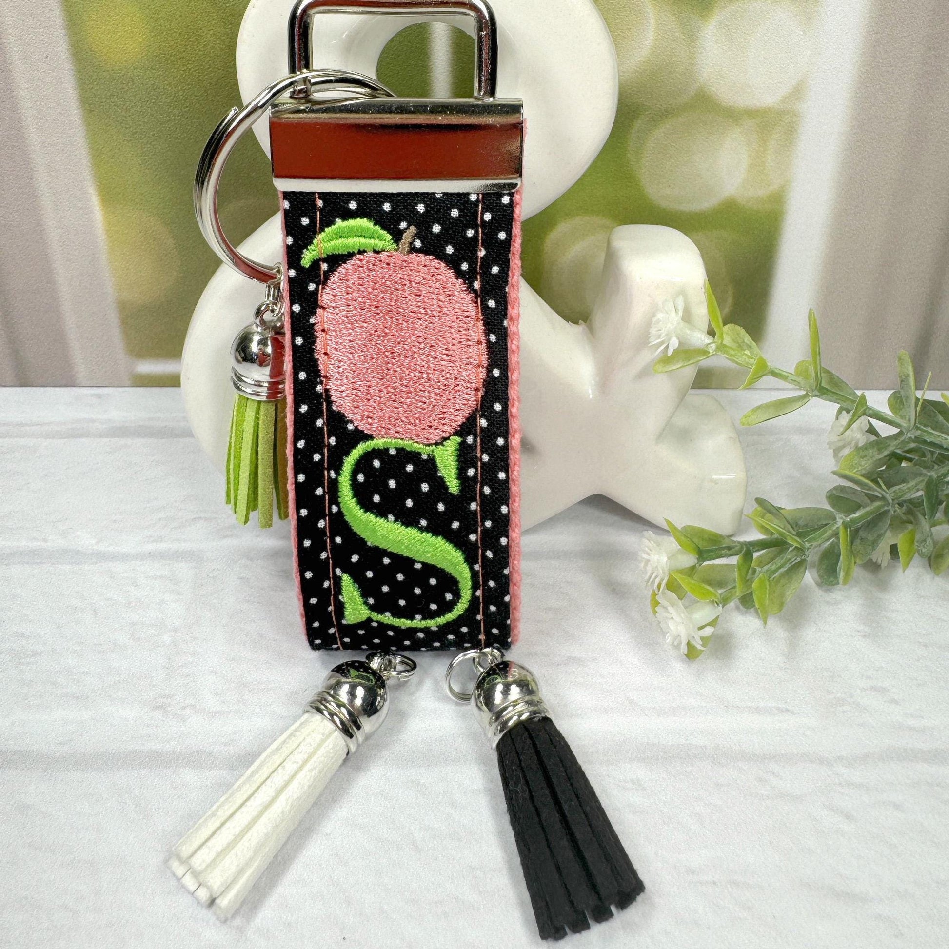 Peach Keychain, Embroidered keychain, Polka Dots, Peaches, Initial Keychain, Georgia Peach, Peach Gifts, Girls Weekend Gift, Peaches Gifts