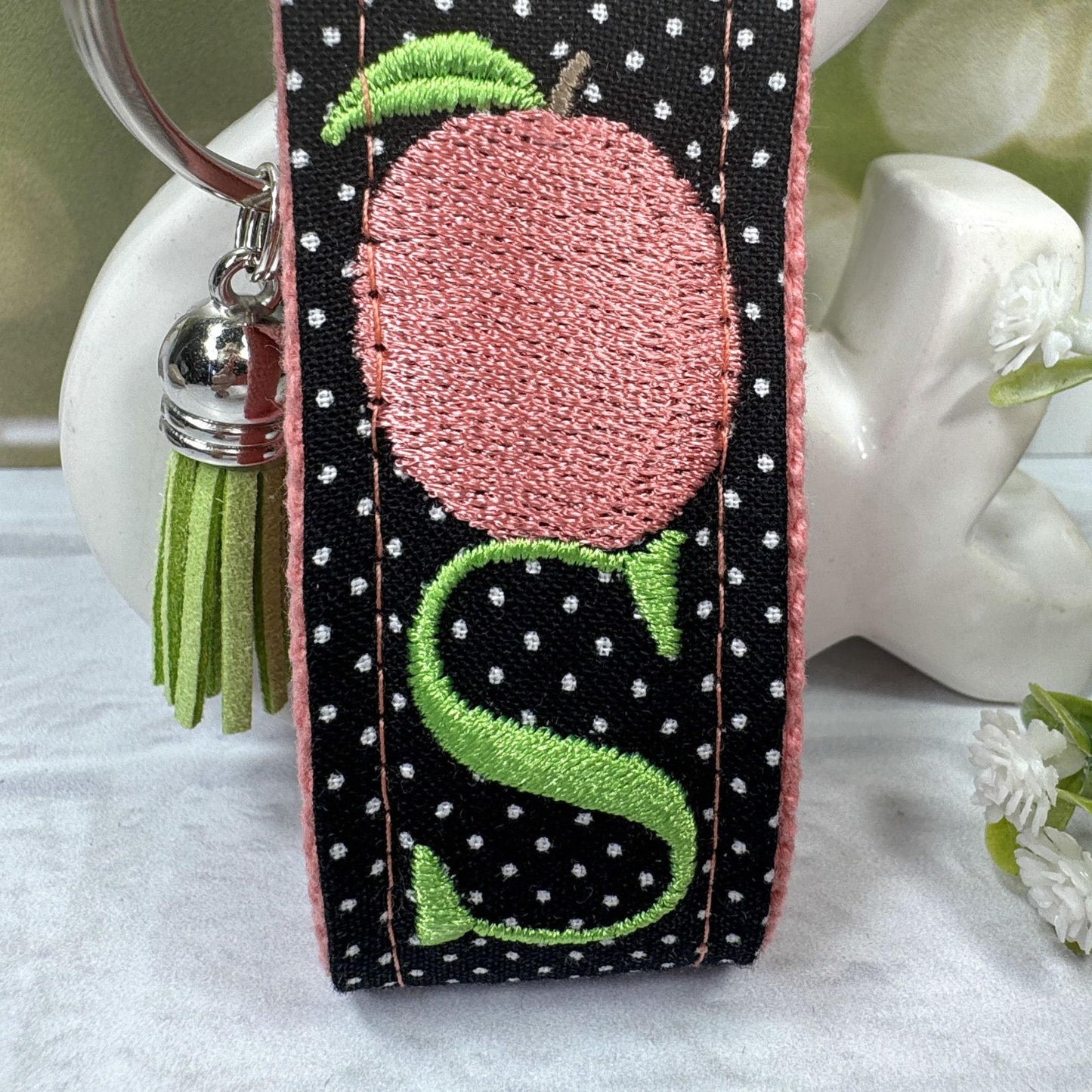 Peach Keychain, Embroidered keychain, Polka Dots, Peaches, Initial Keychain, Georgia Peach, Peach Gifts, Girls Weekend Gift, Peaches Gifts