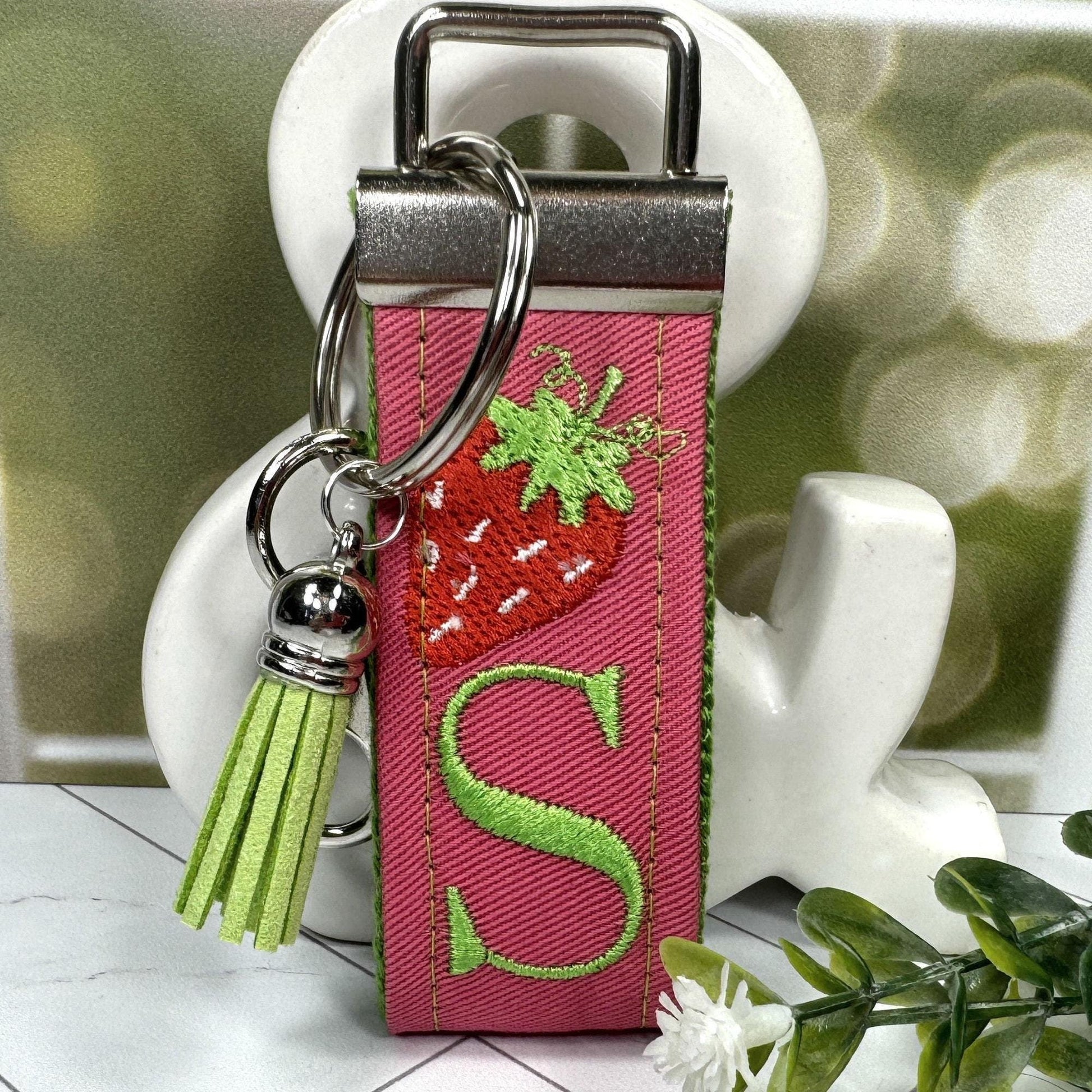 Strawberry Keychain, Embroidered keychain, Strawberries Gifts, Initial Keychain, Letter Keychain, Girls Weekend Gift, Fruit Keychain