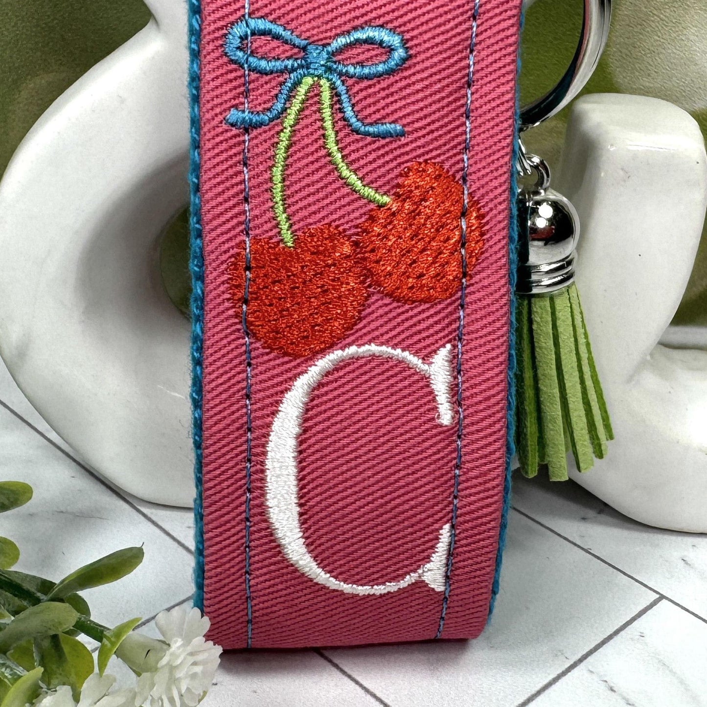 Cherry Keychain, Embroidered keychain, Cherries keychain, Initial Keychain, Cheer up Gift, Cherries Gifts, Girls Weekend Gift, Cherry Gifts