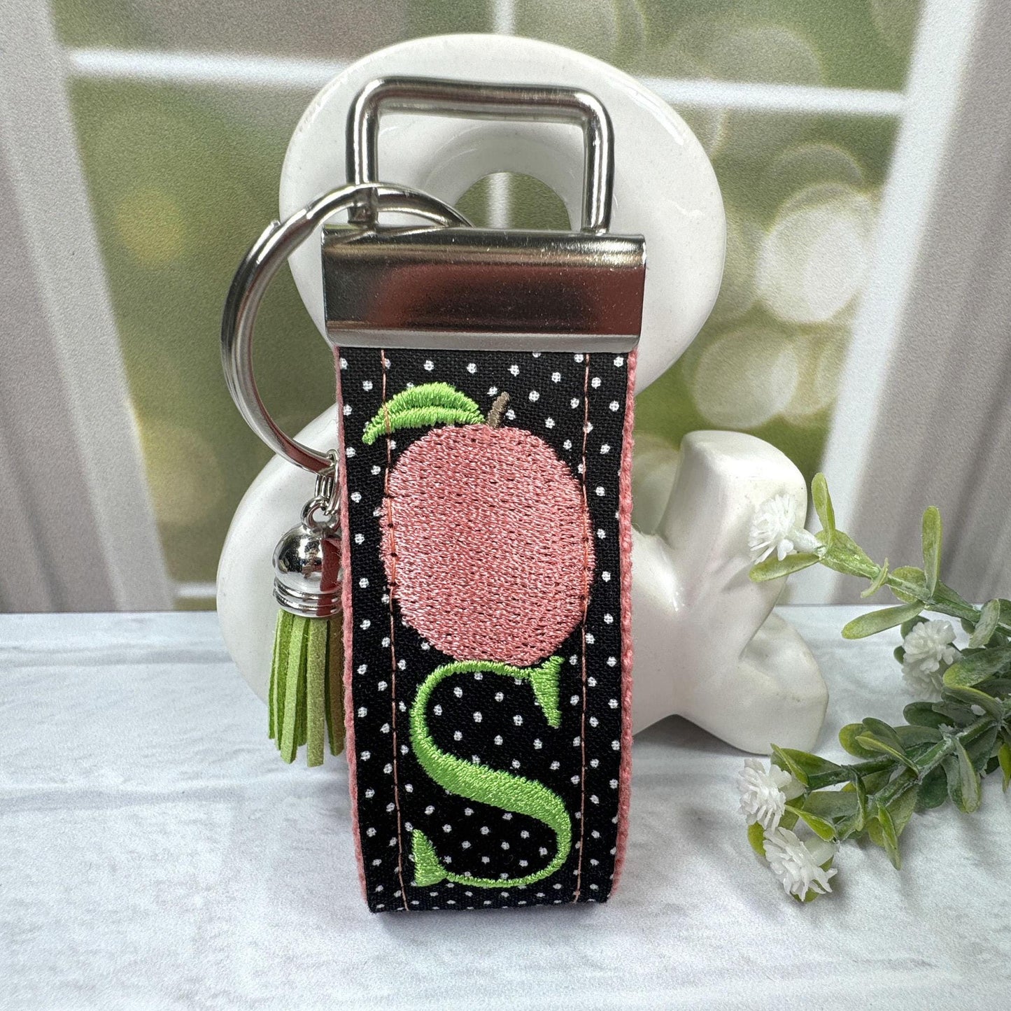 Peach Keychain, Embroidered keychain, Polka Dots, Peaches, Initial Keychain, Georgia Peach, Peach Gifts, Girls Weekend Gift, Peaches Gifts