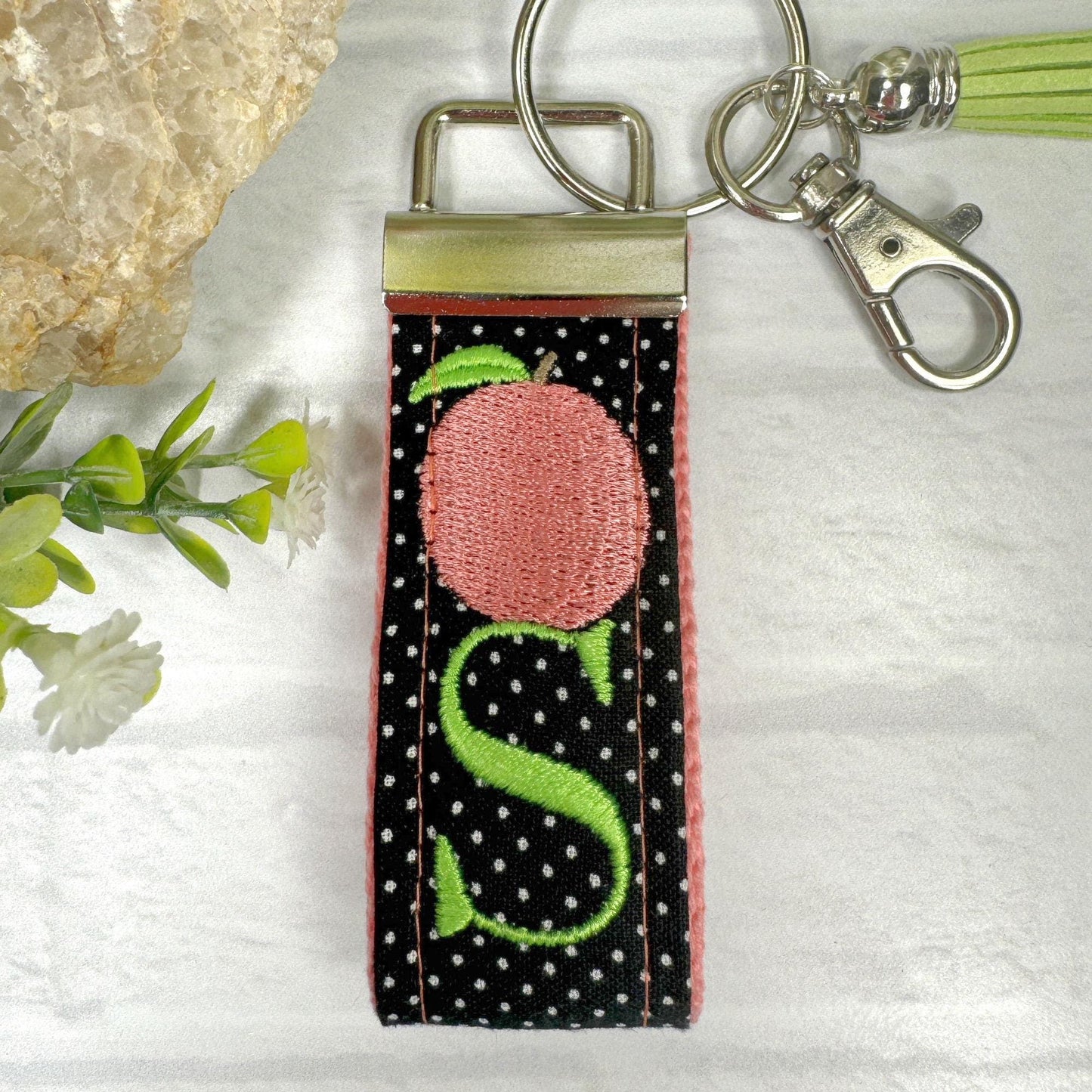 Peach Keychain, Embroidered keychain, Polka Dots, Peaches, Initial Keychain, Georgia Peach, Peach Gifts, Girls Weekend Gift, Peaches Gifts