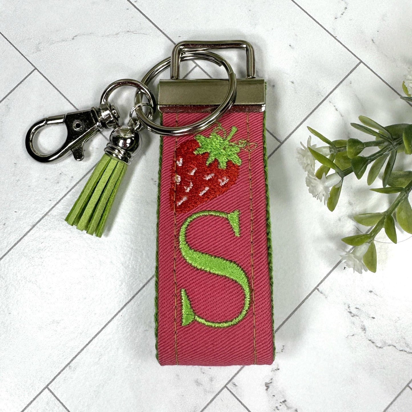 Strawberry Keychain, Embroidered keychain, Strawberries Gifts, Initial Keychain, Letter Keychain, Girls Weekend Gift, Fruit Keychain