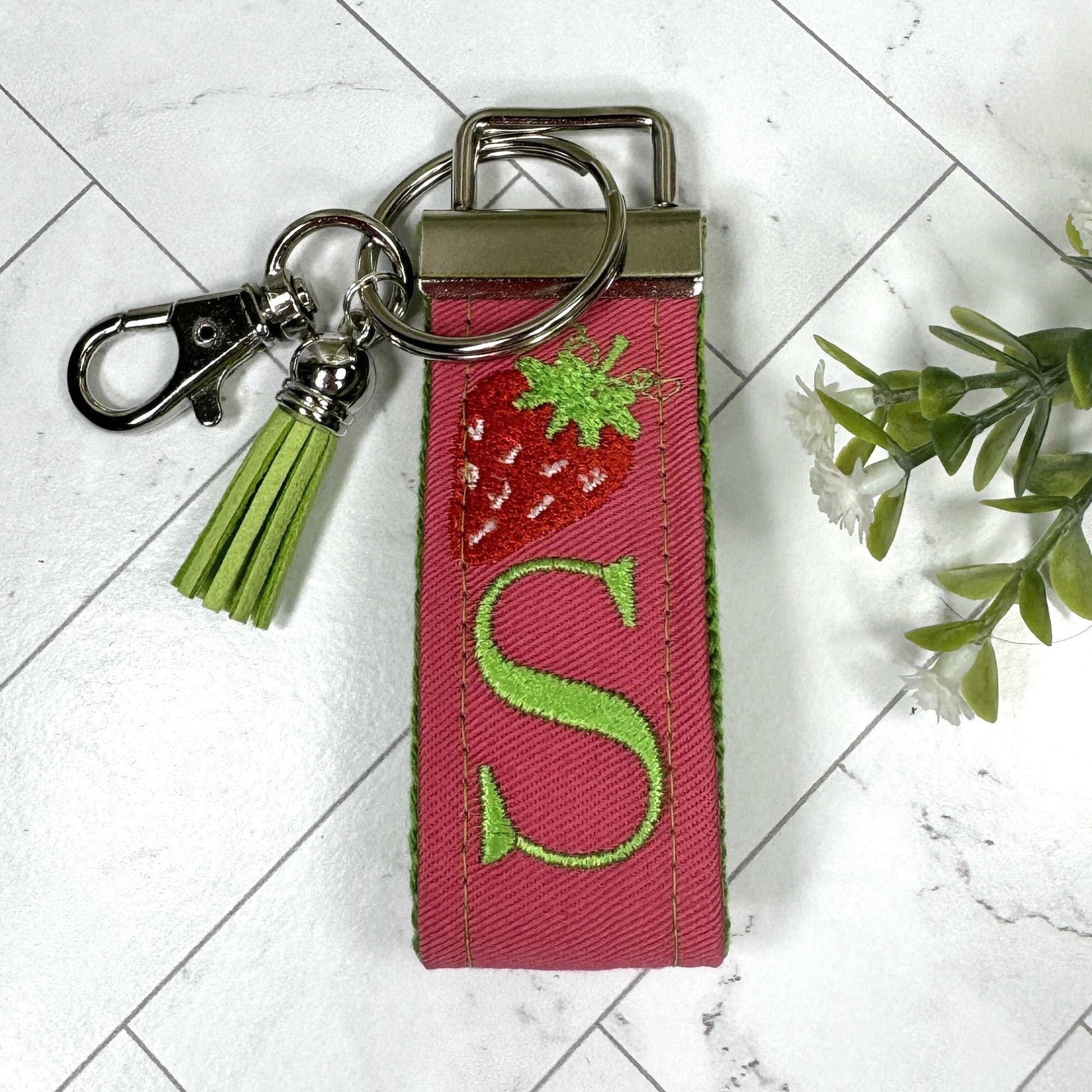 Strawberry Keychain, Embroidered keychain, Strawberries Gifts, Initial Keychain, Letter Keychain, Girls Weekend Gift, Fruit Keychain