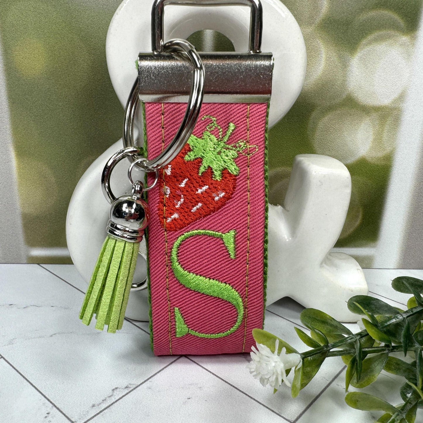 Strawberry Keychain, Embroidered keychain, Strawberries Gifts, Initial Keychain, Letter Keychain, Girls Weekend Gift, Fruit Keychain