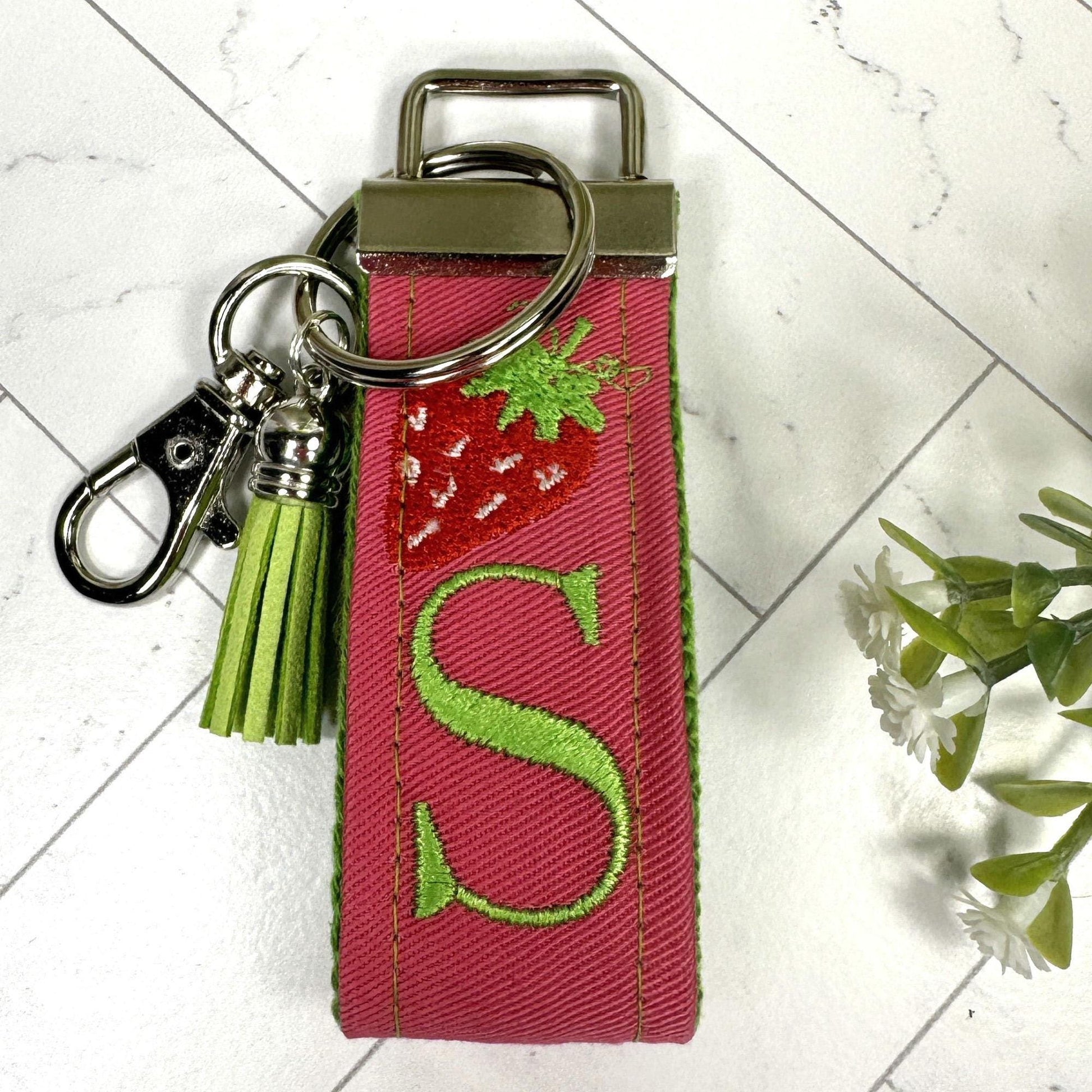 Strawberry Keychain, Embroidered keychain, Strawberries Gifts, Initial Keychain, Letter Keychain, Girls Weekend Gift, Fruit Keychain