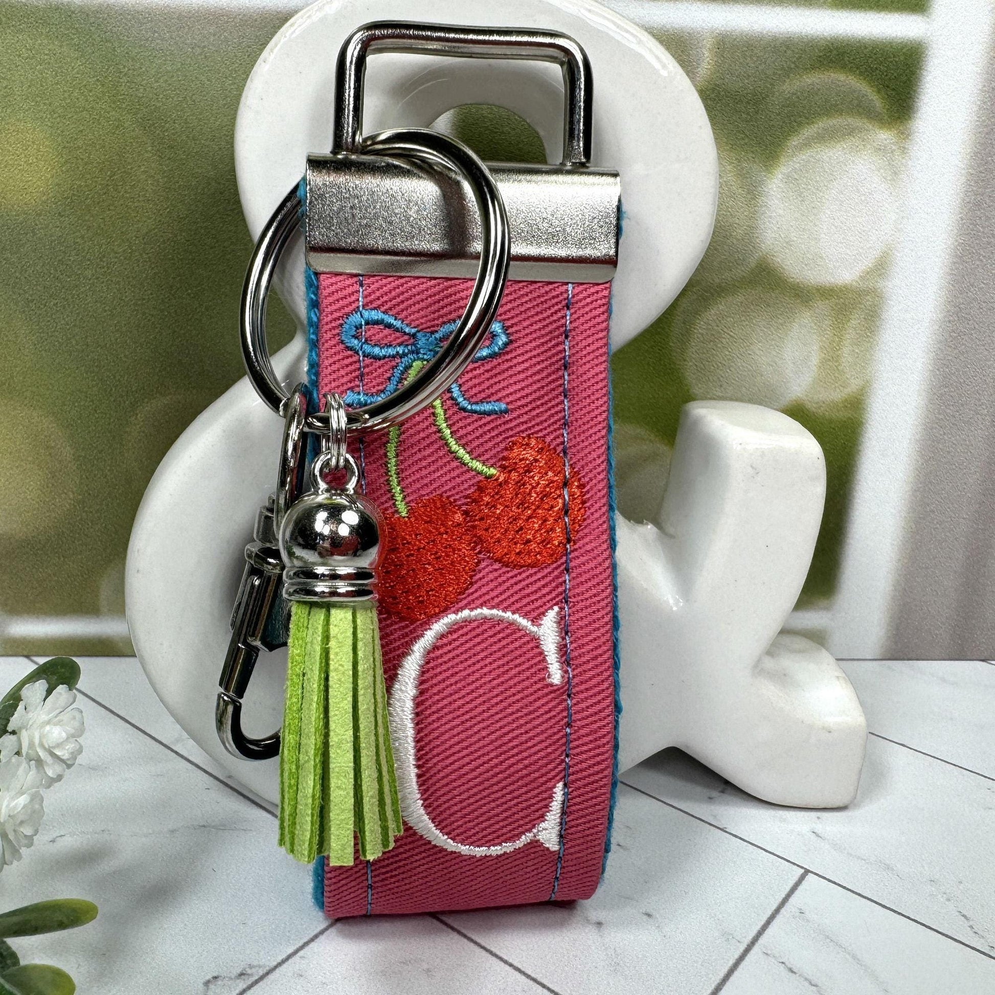 Cherry Keychain, Embroidered keychain, Cherries keychain, Initial Keychain, Cheer up Gift, Cherries Gifts, Girls Weekend Gift, Cherry Gifts