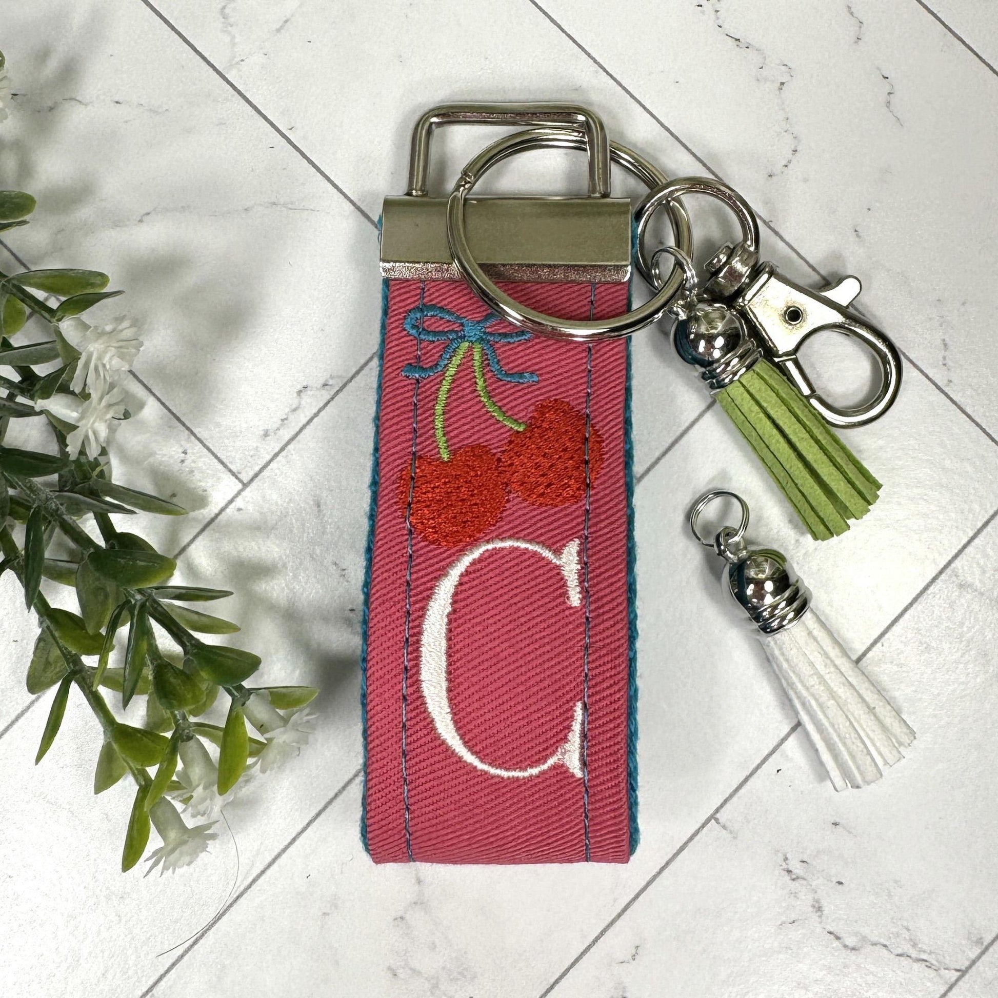Cherry Keychain, Embroidered keychain, Cherries keychain, Initial Keychain, Cheer up Gift, Cherries Gifts, Girls Weekend Gift, Cherry Gifts