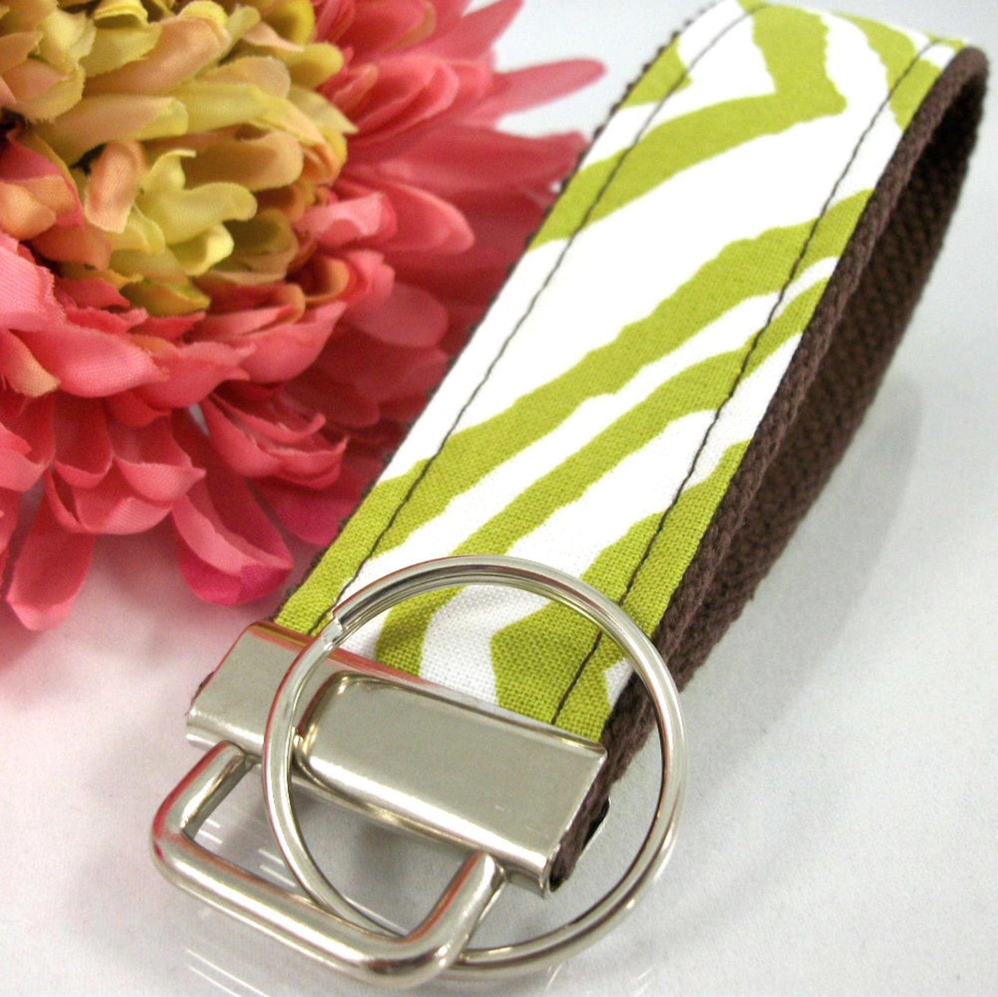 Chartreuse Green Zebra Print Wristlet Keychain, Cute Animal Print Keychain, Zebra Stripe Key Fob, Nurse Graduation Gift