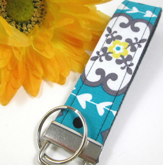 Teal and Grey Wristlet Key Fob Floral Fabric