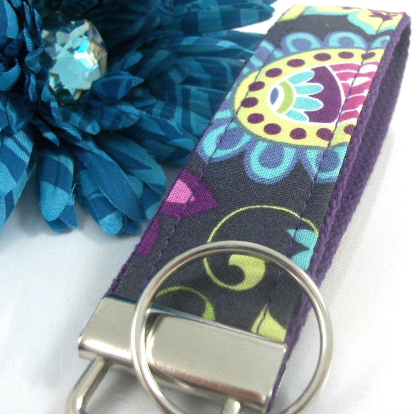 Purple Floral Wristlet Keychain, Purple Key Fob Wristlet, Keychain Wristlet Lanyard, keychain for woman