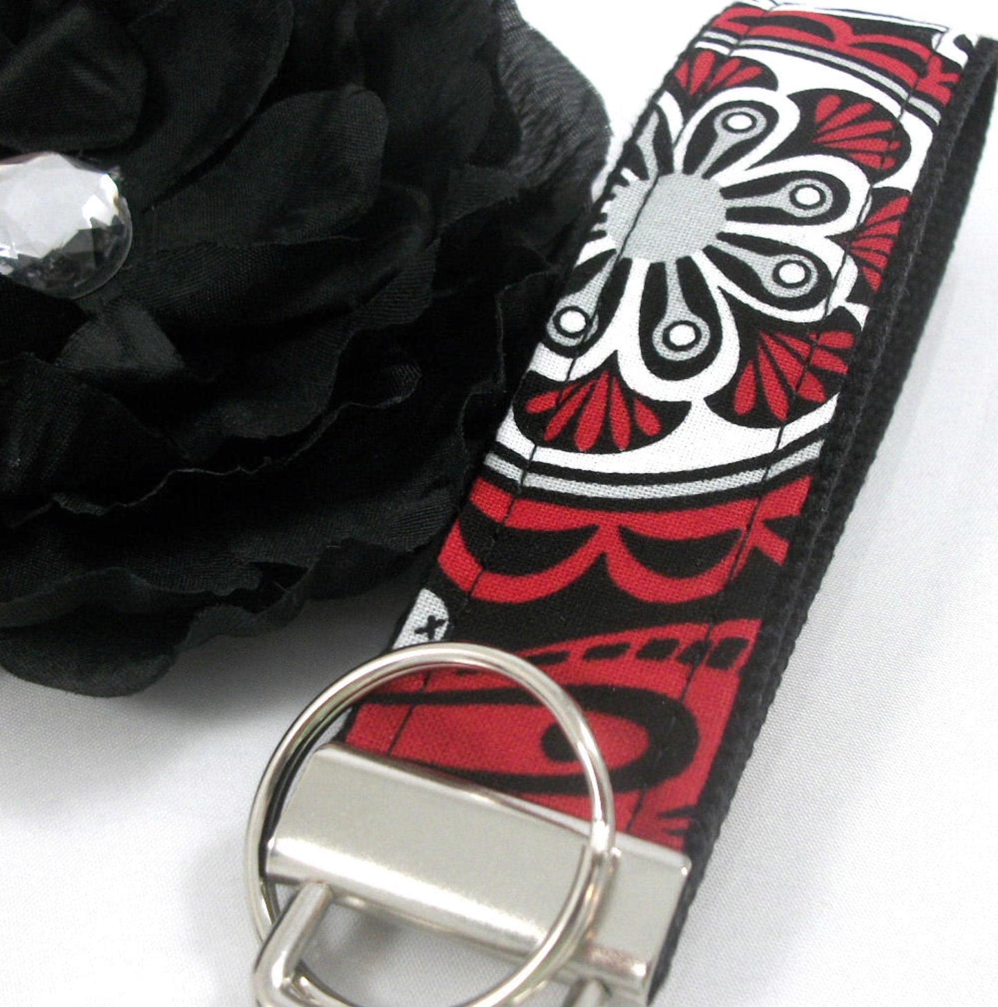 Wristlet Keychain Key Fob - Red Black Grey Floral