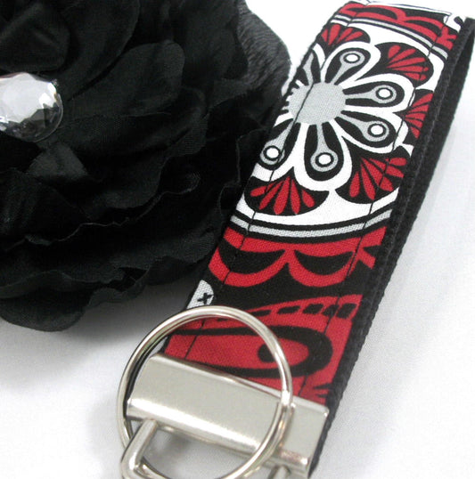 Wristlet Keychain Key Fob - Red Black Grey Floral