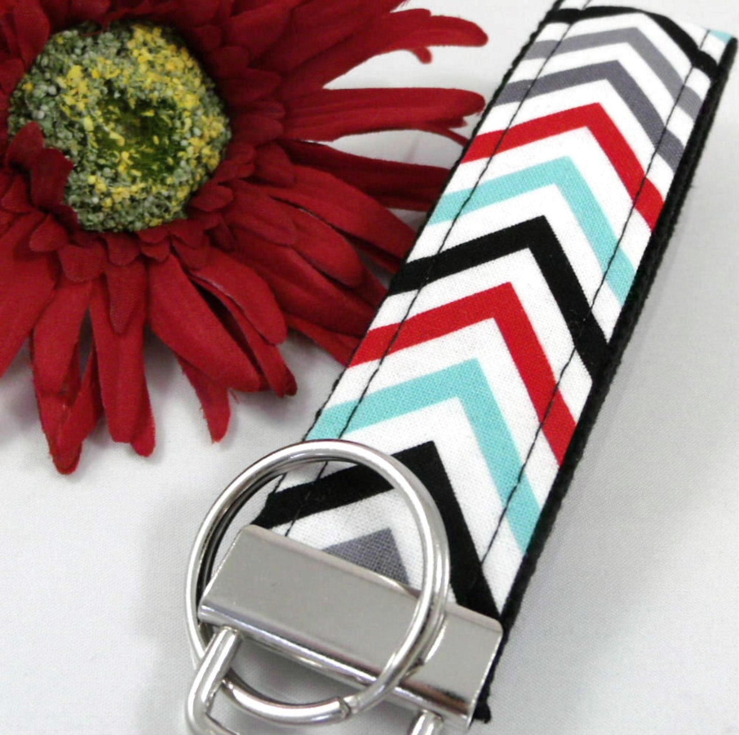 Red Gray Aqua Chevron Print Fabric Keychain, Teacher Gifts, New Mom Gift, Chevron Best Friend Gift, Sister Gift