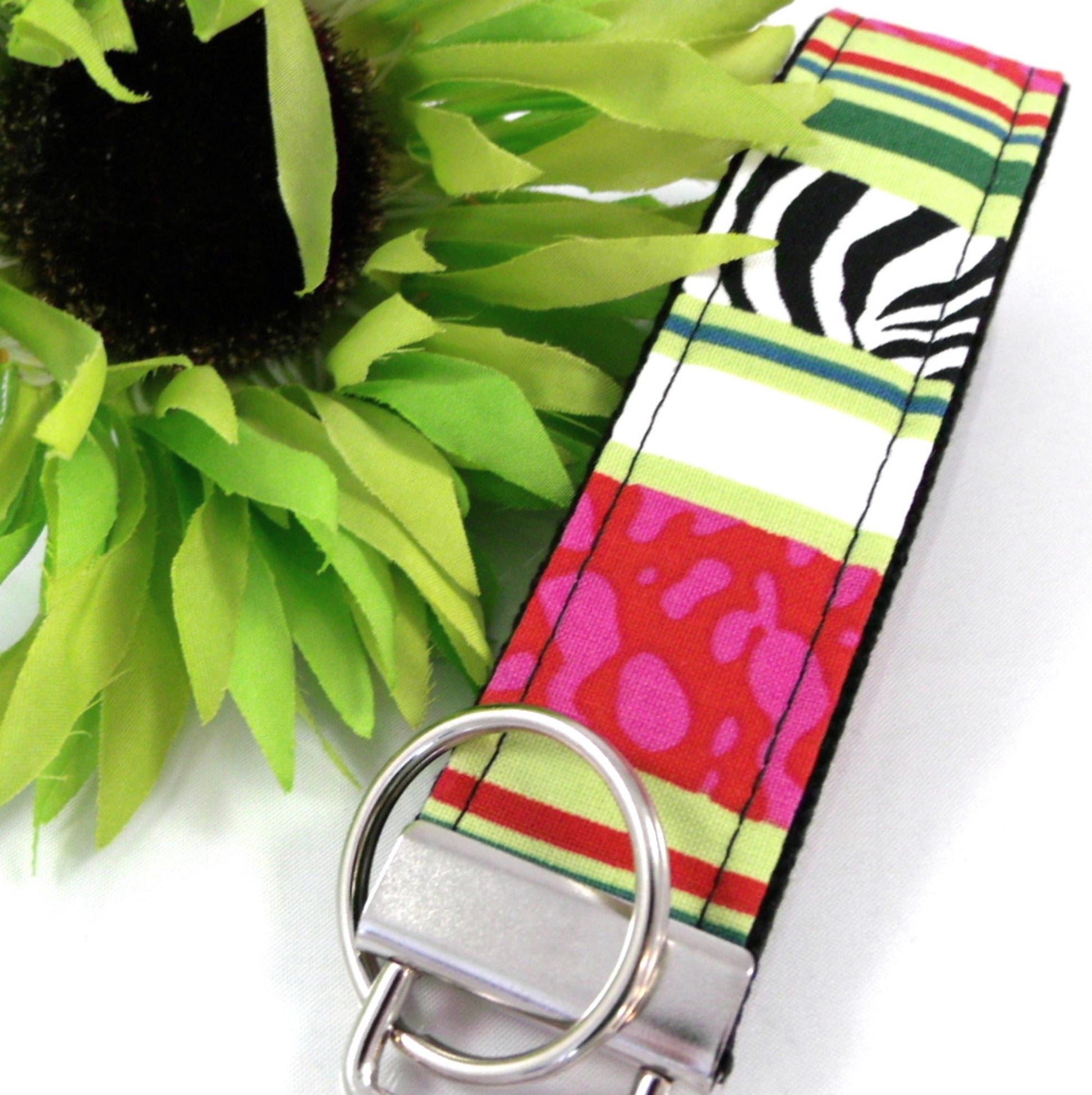 Cute Zebra and Leopard Print Wristlet Keychain, Pink and Lime Key Fob, Animal Print Keychain, Teacher Gift