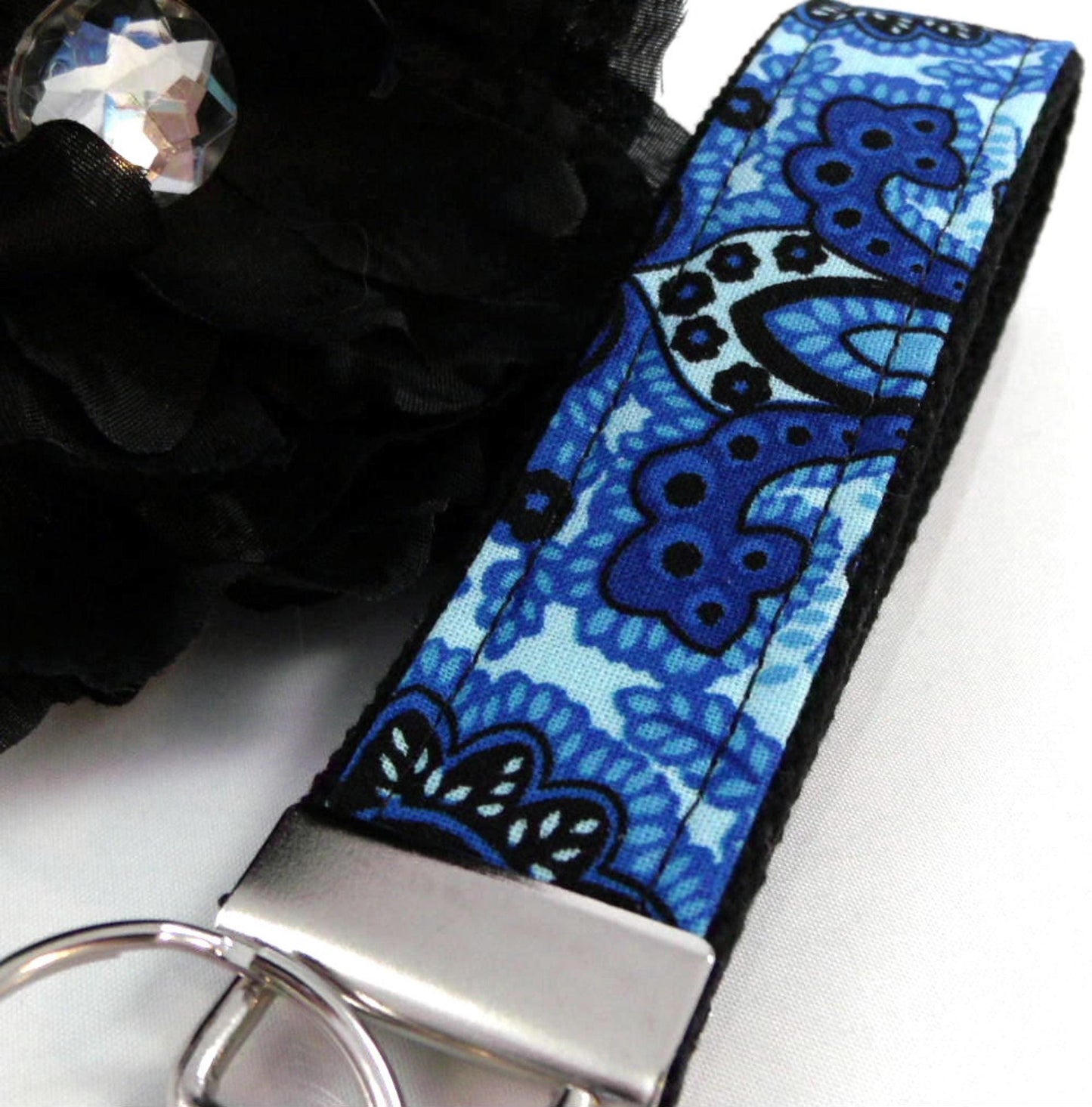 Key Fob in Blue and Black Floral